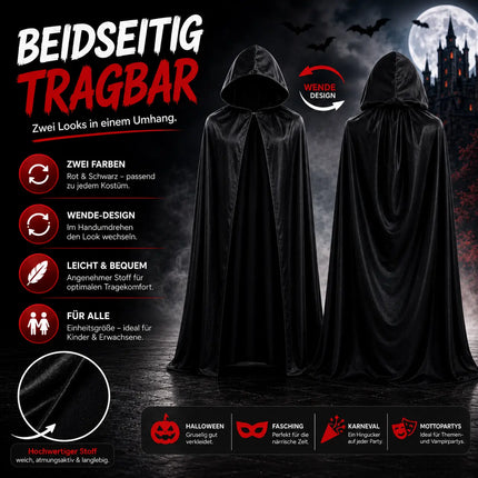 Vampirkostüm - Umhang schwarz mit Kaputze - Verkleidung für Halloween & Fasching