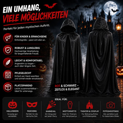 Vampirkostüm - Umhang schwarz mit Kaputze - Verkleidung für Halloween & Fasching