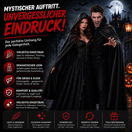 Vampirkostüm - Umhang schwarz mit Kaputze - Verkleidung für Halloween & Fasching