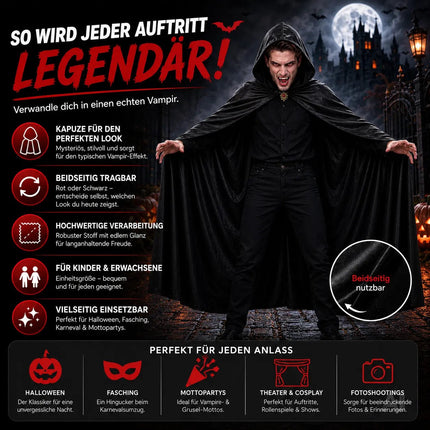 Vampirkostüm - Umhang schwarz mit Kaputze - Verkleidung für Halloween & Fasching