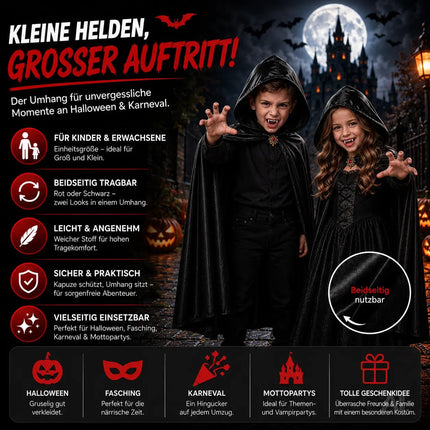 Vampirkostüm - Umhang schwarz mit Kaputze - Verkleidung für Halloween & Fasching