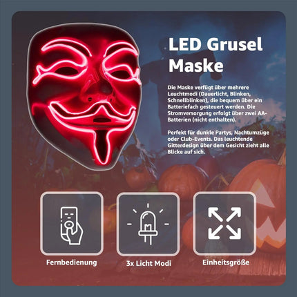 Vendetta LED Grusel Maske - wie aus Purge steuerbar, Gesicht leuchtend, für Halloween, Fasching & Karneval als Kostüm für Herren & Damen (Vendetta-rot)