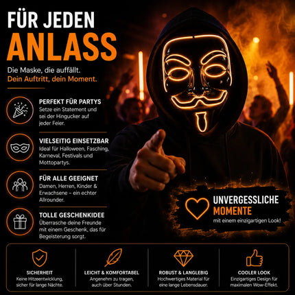 Vendetta LED Grusel Maske - wie aus Purge steuerbar, Gesicht leuchtend, für Halloween, Fasching & Karneval als Kostüm für Herren & Damen (Vendetta-rot)