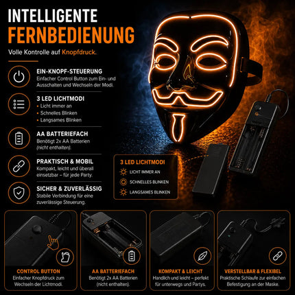 Vendetta LED Grusel Maske - wie aus Purge steuerbar, Gesicht leuchtend, für Halloween, Fasching & Karneval als Kostüm für Herren & Damen (Vendetta-rot)