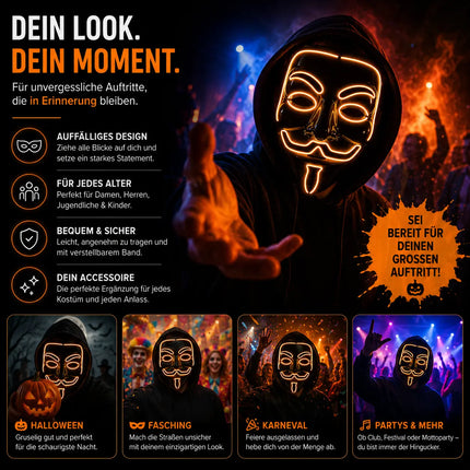 Vendetta LED Grusel Maske - wie aus Purge steuerbar, Gesicht leuchtend, für Halloween, Fasching & Karneval als Kostüm für Herren & Damen (Vendetta-rot)