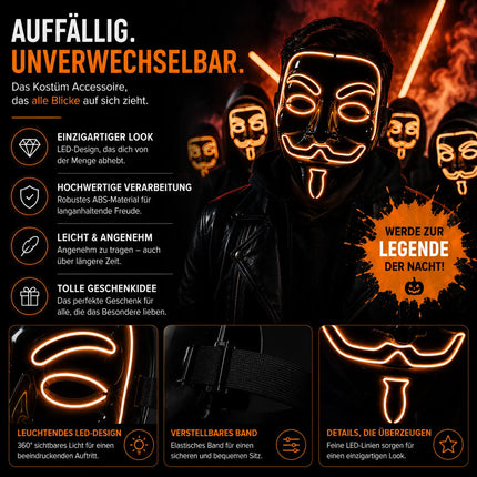 Vendetta LED Grusel Maske - wie aus Purge steuerbar, Gesicht leuchtend, für Halloween, Fasching & Karneval als Kostüm für Herren & Damen (Vendetta-rot)