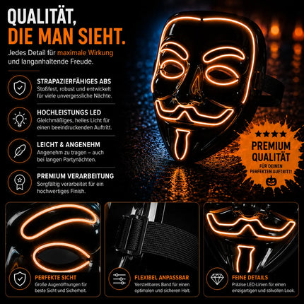 Vendetta LED Grusel Maske - wie aus Purge steuerbar, Gesicht leuchtend, für Halloween, Fasching & Karneval als Kostüm für Herren & Damen (Vendetta-rot)