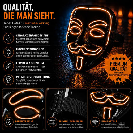Vendetta LED Grusel Maske - wie aus Purge steuerbar, Gesicht leuchtend, für Halloween, Fasching & Karneval als Kostüm für Herren & Damen (Vendetta-rot)