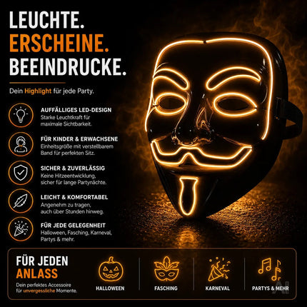 Vendetta LED Grusel Maske - wie aus Purge steuerbar, Gesicht leuchtend, für Halloween, Fasching & Karneval als Kostüm für Herren & Damen (Vendetta-rot)