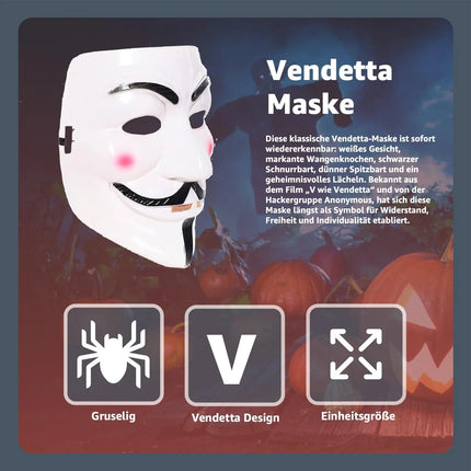 Vendetta Maske als Kostüm Accessoire für Damen & Herren, Kinder & Erwachsene an Anonymous Halloween & Fasching & Karneval