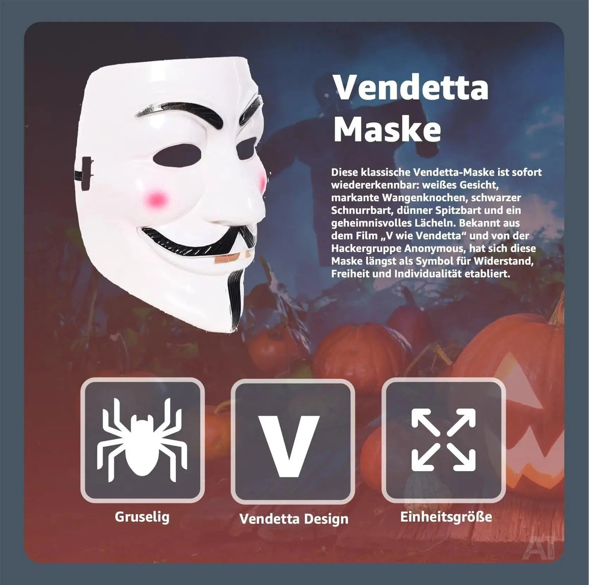 Vendetta Maske als Kostüm Accessoire für Damen & Herren, Kinder & Erwachsene an Anonymous – Detailansicht 2