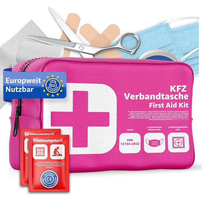 Verbandstasche KFZ Norm 2025 mit Beatmungstücher - Verbandskasten Auto - DIN13164:2022 - Erste Hilfe Set - Verbandskasten StVO konform (Pink)