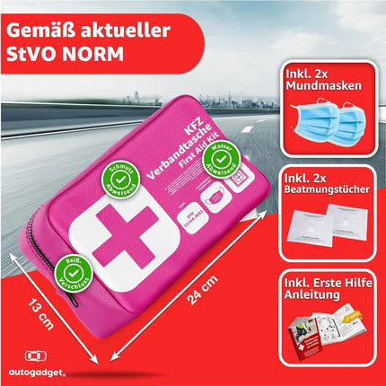 Verbandstasche KFZ Norm 2025 mit Beatmungstücher - Verbandskasten Auto - DIN13164:2022 - Erste Hilfe Set - Verbandskasten StVO konform (Pink)