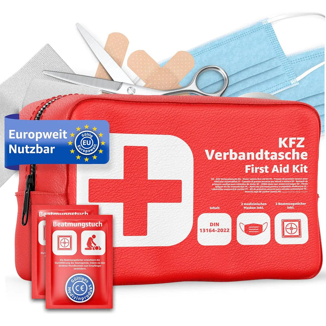 Verbandstasche KFZ Norm 2025 mit Beatmungstücher - Verbandskasten Auto - DIN13164:2022 - Erste Hilfe Set - Verbandskasten StVO konform (Rot)