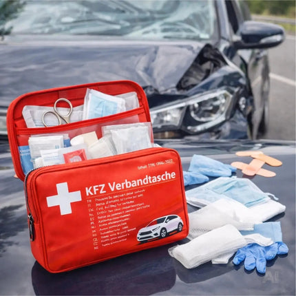 Verbandstasche KFZ Norm 2026 mit Beatmungstücher - Verbandskasten Auto (rot)