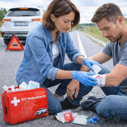 Verbandstasche KFZ Norm 2026 mit Beatmungstücher - Verbandskasten Auto (rot)