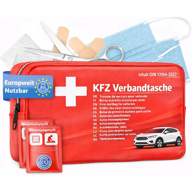 Verbandstasche KFZ Norm 2026 mit Beatmungstücher - Verbandskasten Auto (rot)