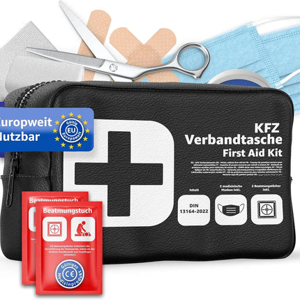 Verbandstasche Norm 2025 - KFZ mit Beatmungstücher - Verbandskasten Auto - DIN13164:2022 - Erste Hilfe Set - Verbandskasten StVO konform (Schwarz)