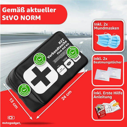 Verbandstasche Norm 2025 - KFZ mit Beatmungstücher - Verbandskasten Auto - DIN13164:2022 - Erste Hilfe Set - Verbandskasten StVO konform (Schwarz)
