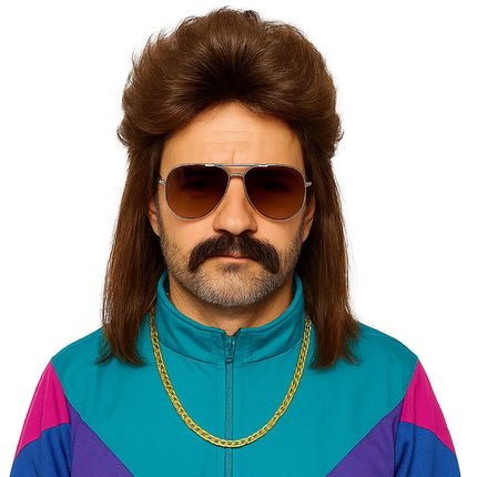 Vokuhila Perücke – 80er-Jahre Kultperücke für Fasching, Karneval & Mottopartys (Braun)