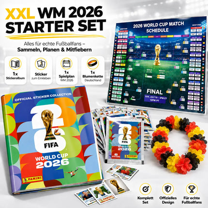 WM 2026 Fan Sammelset XXL inkl. Panini Stickeralbum, Sticker zum Einkleben, Spielplan und Deutschland Blumenkette
