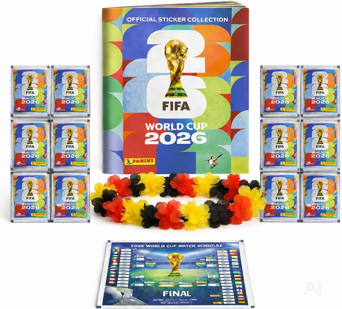 WM 2026 Fan Sammelset XXL inkl. Panini Stickeralbum, Sticker zum Einkleben, Spielplan und Deutschland Blumenkette