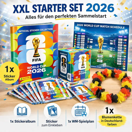WM 2026 XXL Sammelset inkl. Panini Stickeralbum und Stickern, Spielplan sowie Deutschland Blumenkette