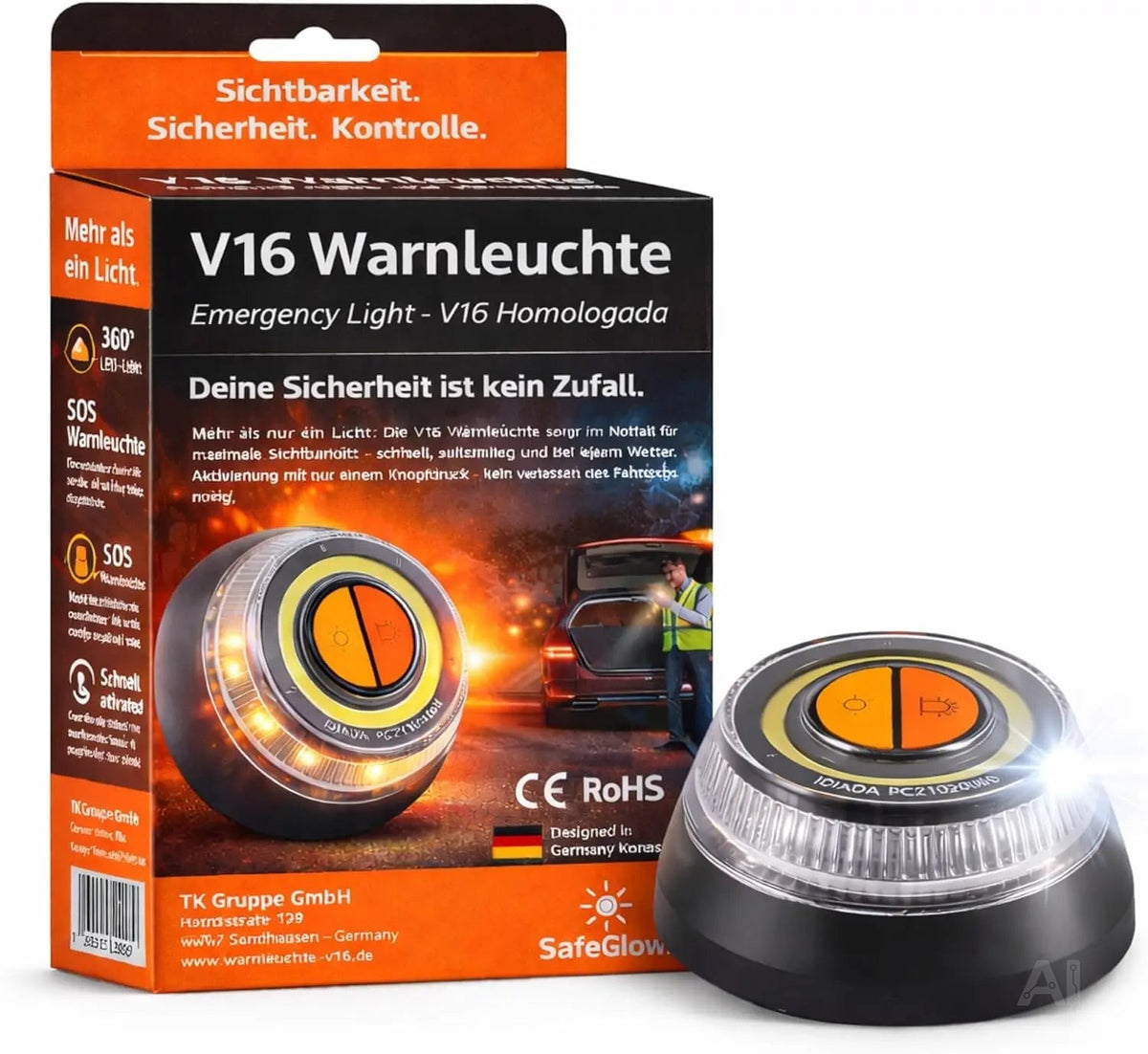 Warnleuchte V16 Notlicht - Warndreieck - Pannendreieck  für Auto & Motorrad [Energieklasse A]