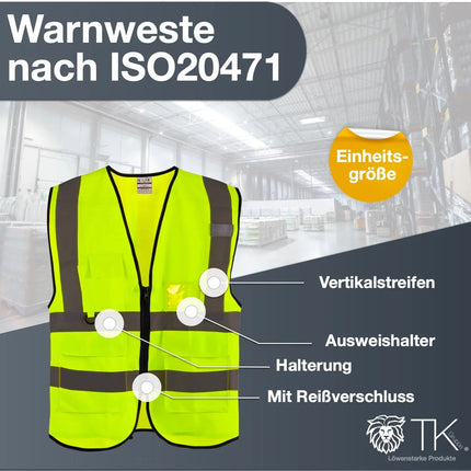 Warnweste ISO20471 gelb mit Vertikalstreifen - Arbeitsweste & Bauarbeiter & Security 2024 Warnweste Unfallweste Pkw