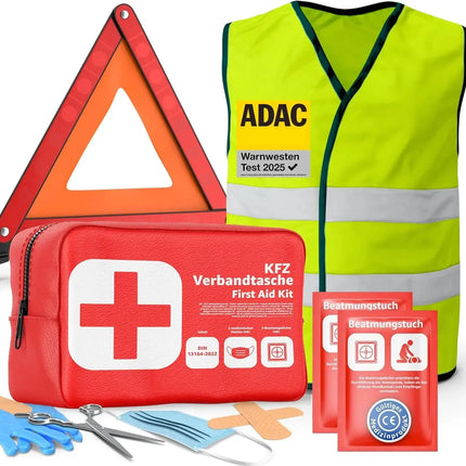 3 in 1 Set Auto Erste Hilfe Kit - KFZ-Verbandskasten, Warnweste, Warndreieck - Pannenset & Unfallzubehör für PKW - TK Gruppe® Offizieller Onlineshop