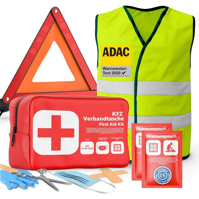 3 in 1 Set Auto Erste Hilfe Kit - KFZ-Verbandskasten, Warnweste, Warndreieck - Pannenset & Unfallzubehör für PKW - TK Gruppe® Offizieller Onlineshop