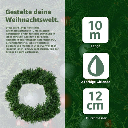 Weihnachtsgirlande grün 10 Meter - künstliche Dekogirlande Ø 10 cm - Tannen Girlande als Weihanachtskranz