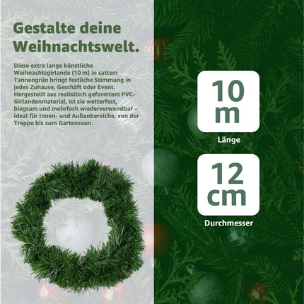 Weihnachtsgirlande grün 10 Meter - künstliche Dekogirlande Ø 10 cm - Tannen Girlande als Weihanachtskranz