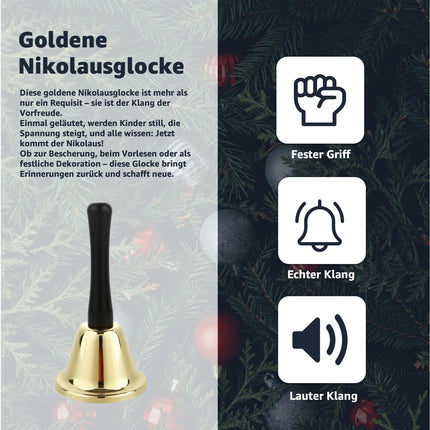 Weihnachtsglocke Nikolausglocke, Gold Glocke - Accessoire zu Nikolauskostüm, Weihnachtsmannkostüm