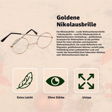 Weihnachtsmannbrille - Nikolausbrille - rund Nickelbrille Brille Nikolaus rund Verkleidung Kostümbrille an Weihnachten als Nikolauskostüm, Weihnachtsmann