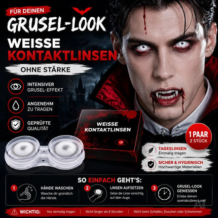 Weisse Farbige & Geprüfte Kontaktlinsen - Grußlige Tageslinsen für Halloween & Fasching - ohne Stärke - Vampir & Dracula (weiß, 1 Paar / 2 Stück)