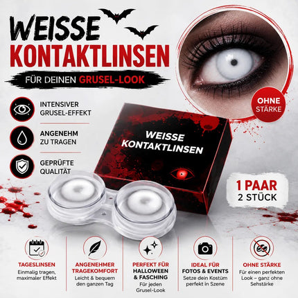 Weisse Farbige & Geprüfte Kontaktlinsen - Grußlige Tageslinsen für Halloween & Fasching - ohne Stärke - Vampir & Dracula (weiß, 1 Paar / 2 Stück)