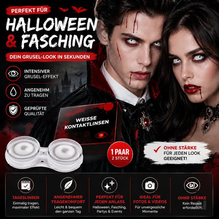 Weisse Farbige & Geprüfte Kontaktlinsen - Grußlige Tageslinsen für Halloween & Fasching - ohne Stärke - Vampir & Dracula (weiß, 1 Paar / 2 Stück)