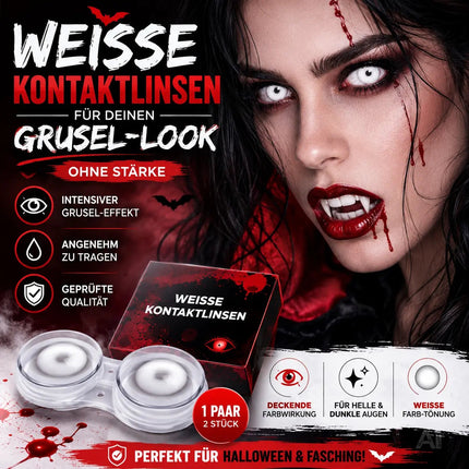 Weisse Farbige & Geprüfte Kontaktlinsen - Grußlige Tageslinsen für Halloween & Fasching - ohne Stärke - Vampir & Dracula (weiß, 1 Paar / 2 Stück)
