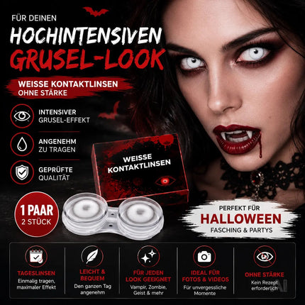 Weisse Farbige & Geprüfte Kontaktlinsen - Grußlige Tageslinsen für Halloween & Fasching - ohne Stärke - Vampir & Dracula (weiß, 1 Paar / 2 Stück)