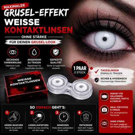 Weisse Farbige & Geprüfte Kontaktlinsen - Grußlige Tageslinsen für Halloween & Fasching - ohne Stärke - Vampir & Dracula (weiß, 1 Paar / 2 Stück)