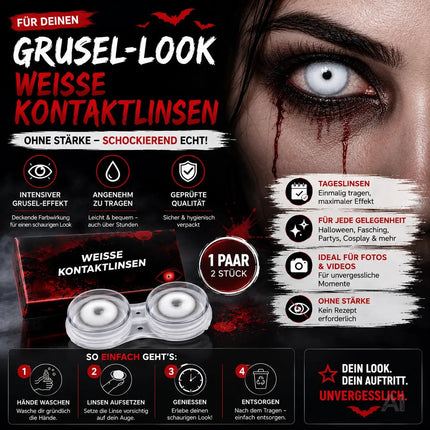 Weisse Farbige & Geprüfte Kontaktlinsen - Grußlige Tageslinsen für Halloween & Fasching - ohne Stärke - Vampir & Dracula (weiß, 1 Paar / 2 Stück)