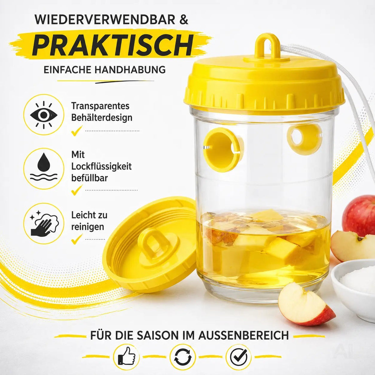 3x Wespenfalle – Mittel gegen Wespen & Fliegenfalle für Garten, Terrasse, Balkon und Camping – Effektive Wespenabwehr (3x)
