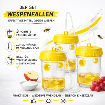 Wespenfalle – Mittel gegen Wespen & Fliegenfalle für Garten, Terrasse, Balkon und Camping – Effektive Wespenabwehr (3x)