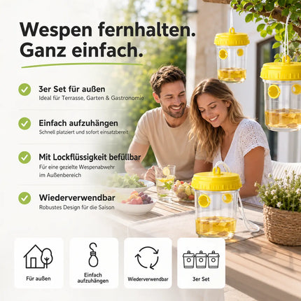 Wespenfalle für Outdoor – Fliegenfalle & Wespenabwehr für Garten, Terrasse und Balkon – Wiederverwendbare Insektenfalle (3x)