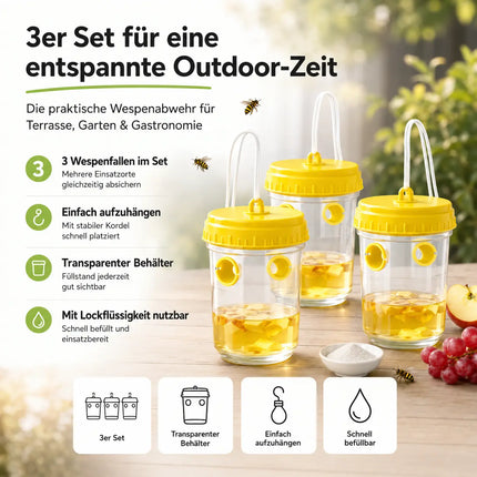 Wespenfalle für Outdoor – Fliegenfalle & Wespenabwehr für Garten, Terrasse und Balkon – Wiederverwendbare Insektenfalle (3x)
