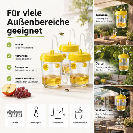 Wespenfalle für Outdoor – Fliegenfalle & Wespenabwehr für Garten, Terrasse und Balkon – Wiederverwendbare Insektenfalle (3x)