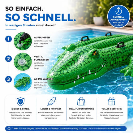 XXL Aufblasbare Luftmatratze Schwimmring Tier – Großer Tier Schwimmreifen für Pool, Strand & See – Wasserspielzeug für Erwachsene & Kinder (XXL Krokodil)