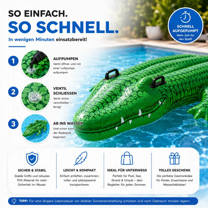 XXL Aufblasbare Luftmatratze Schwimmring Tier – Großer Tier Schwimmreifen für Pool, Strand & See – Wasserspielzeug für Erwachsene & Kinder (XXL Krokodil)