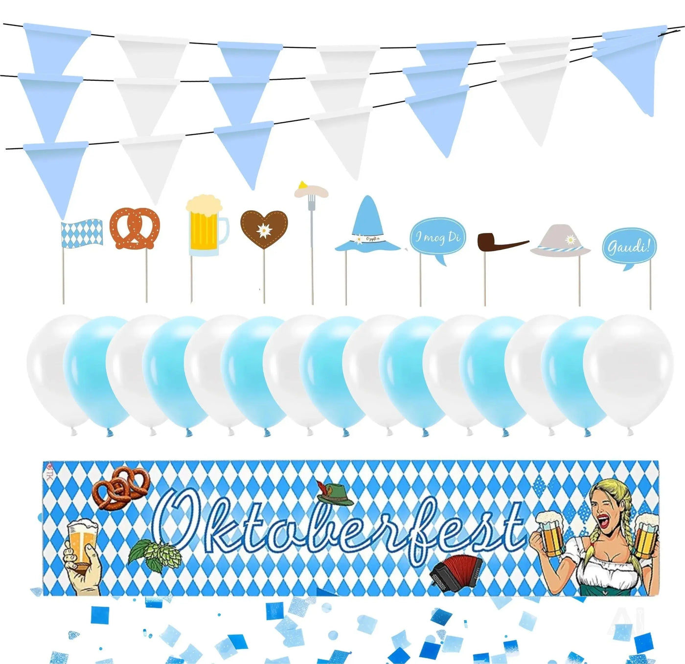 XXL Bayrische Wiesn Oktoberfest-Banner Deko Dekoration Set für Ihr Oktoberfest Dahoam mit mehr als 100 Teilen